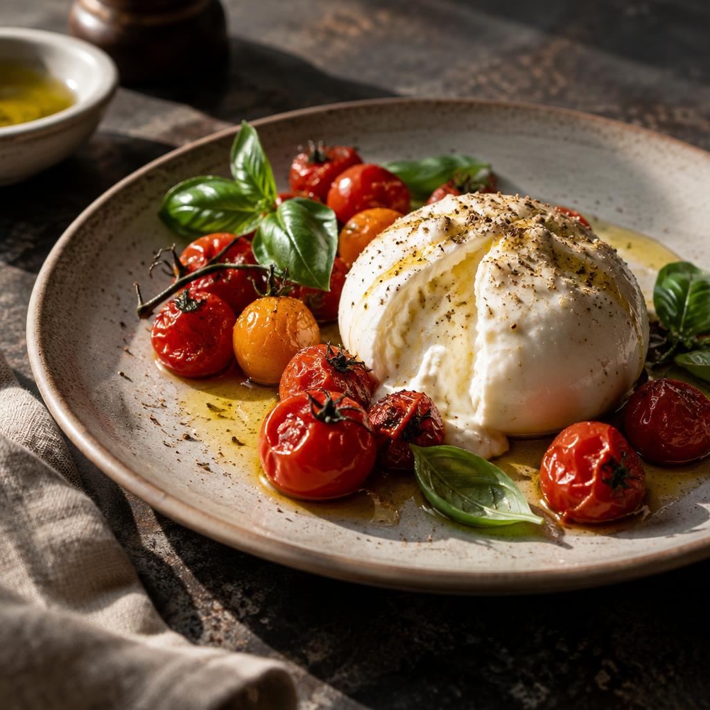 Burrata fresca com tomates e azeite