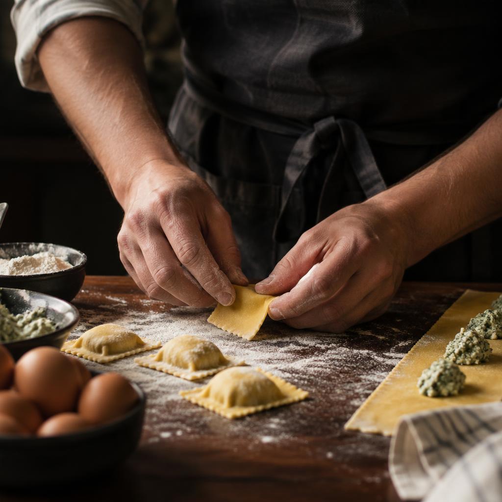 Mãos que transformam ingredientes em massa fresca artesanal
